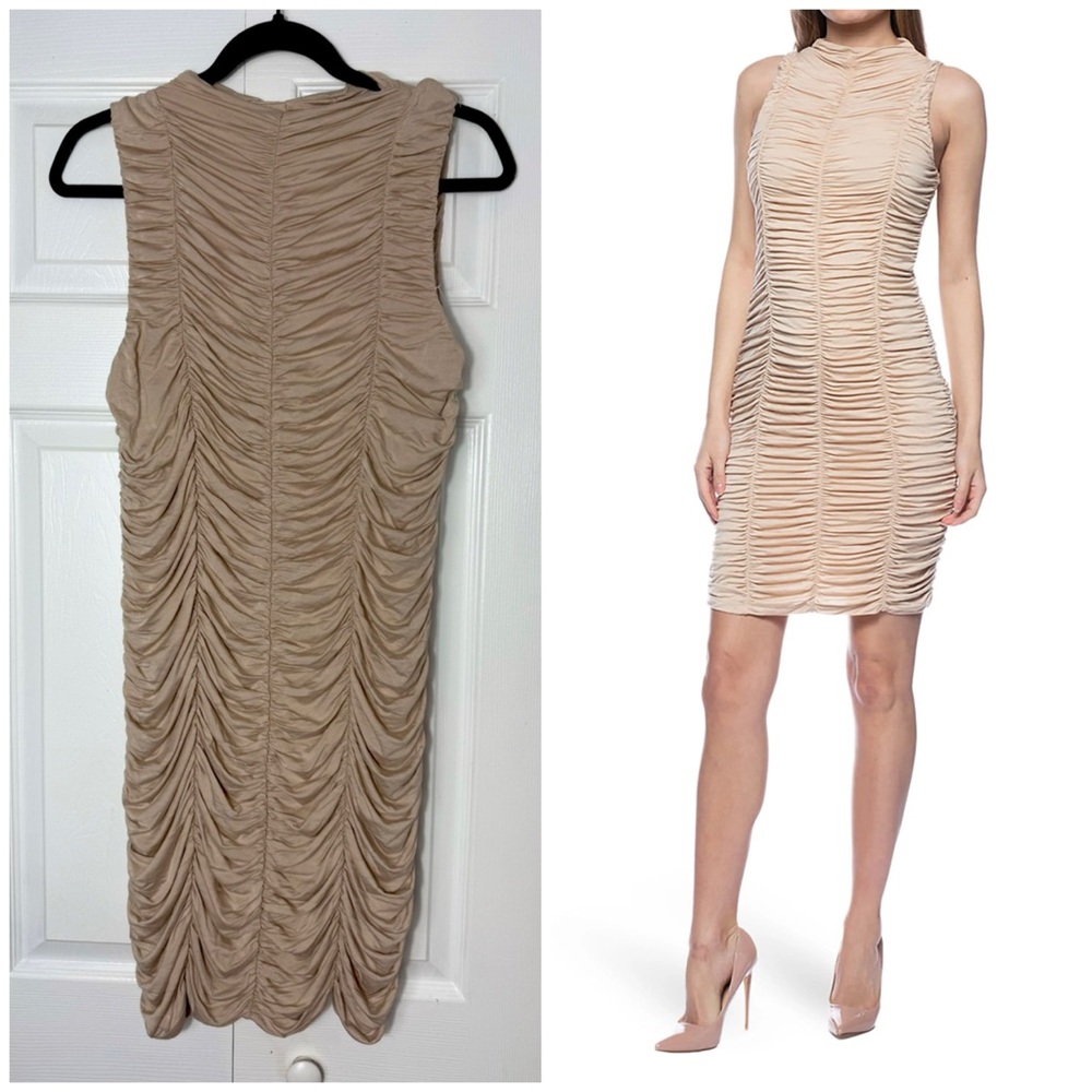 Marina Nude Beige Ruched Sleeveless Stretch Smocked Bodycon Mini Dress XL